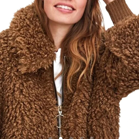 Zara tan fuzzy Sherpa bumper jacket Sz  XS - Picture 3 of 16
